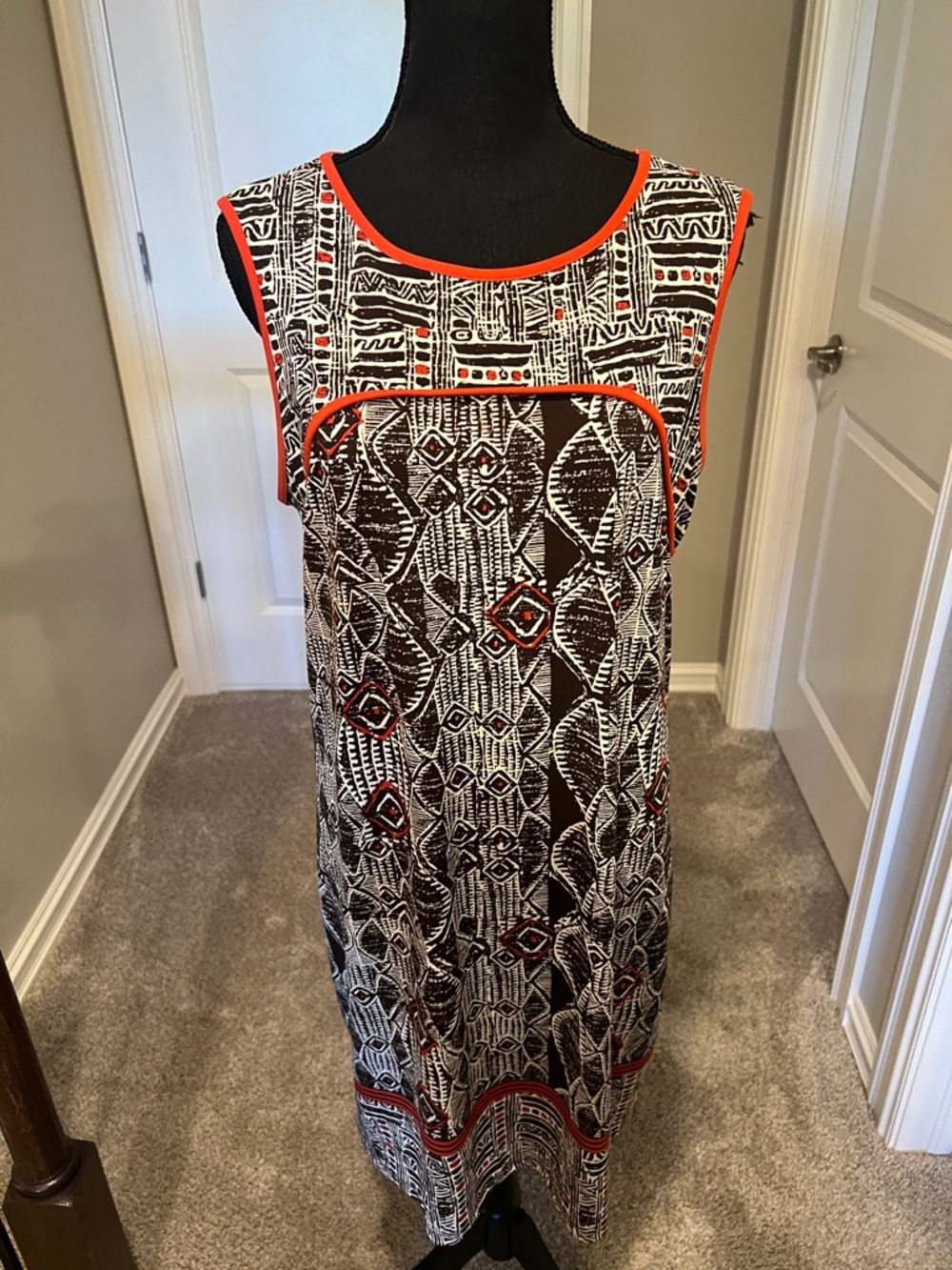 Max Studio Black, White & Orange Patterned Midi Dress